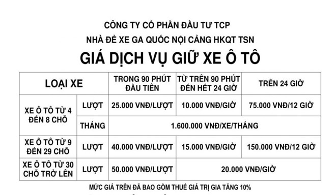 Giá gửi xe oto sân bay Tân Sơn Nhất